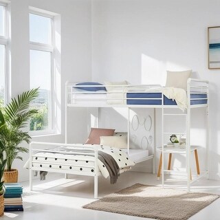 Stylish & Modern Geo Cutout Colorful Twin L-Shaped Bunk Bed, Durable, Cool-grey painted finish, Space-saving, White