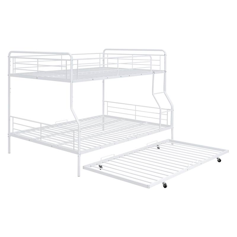 Full XL Over Queen Metal Bunk Bed w/ Twin Size Trundle, Dorm Convertible Heavy-Duty Iron Bed Frame w/ Ladder & Safety Guardrails