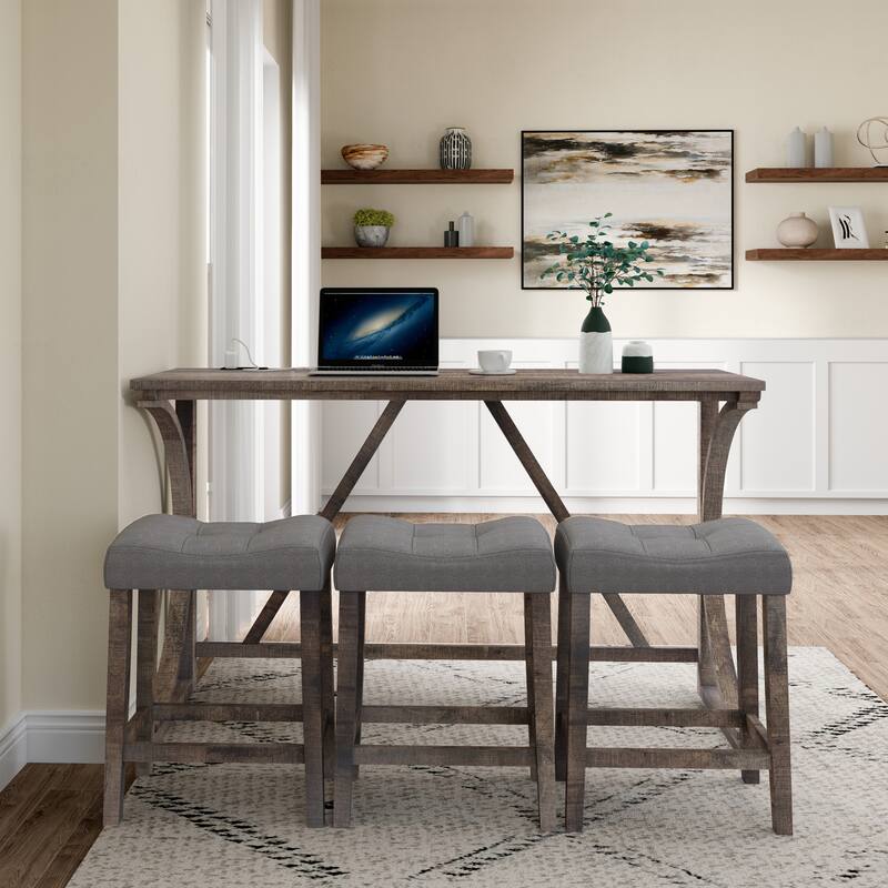 Bar Table & Chairs Set with Power Outlet, Breakfast Nook Coffee Table Side Table Padded Seat with Wood Legs