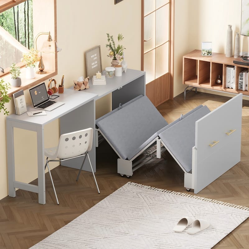 Murphy Cabinet Bed with Foldable Cushion and Adjustable Position Desk,Twin Size