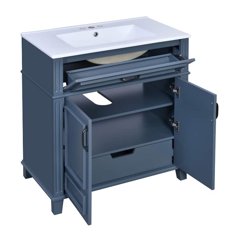 Roomfitters 30" Vanity with Ceramic Sink, Solid Wood Frame Cabinet with Soft Closing Doors, Retro Freestanding Design, Blue