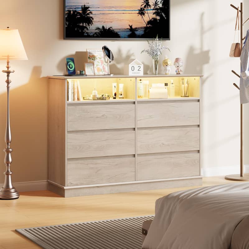 6 Drawer Dresser with LED Lights & Charging Station, Modern Chest of Drawers with Open Shelf