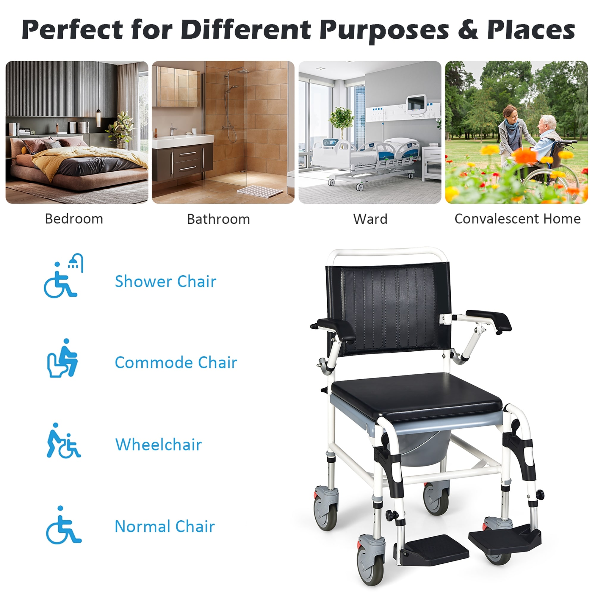 4-in-1 Rolling Shower Chair With Wheels,Waterproof Disabled Wheeled Bathroom Shower Chair For Elderly,Commode Toilet Chair With Removable Bucket - View #2