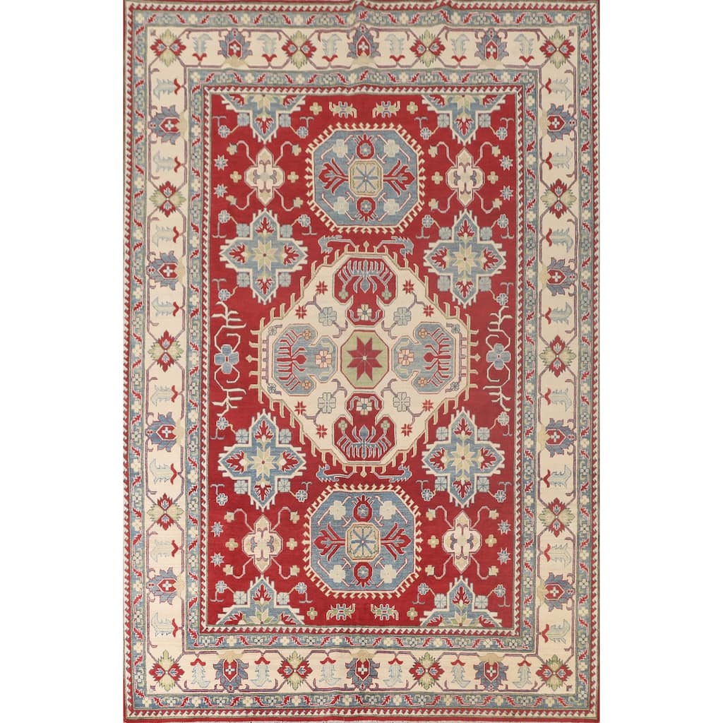 Geometric Red Kazak Rug Hand-Knotted Living Room Wool Carpet - 8'4"x 11'8"