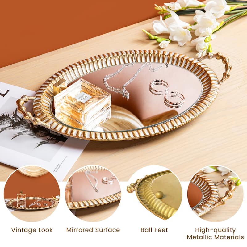 Glitzhome Set of 2 Oval Metal Gold Mirrored Decorative Trays with Handles -12" & 20"L