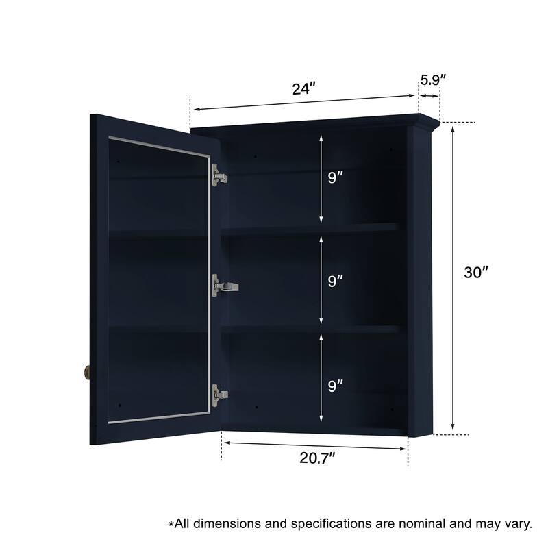 Wall Mounted Surface Mount 24" W x 30" H Mirror Cabinet With Shelves