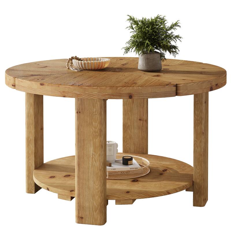 31.5" Round Coffee Table, 2-Tier Farmhouse Solid Wood Coffee Table