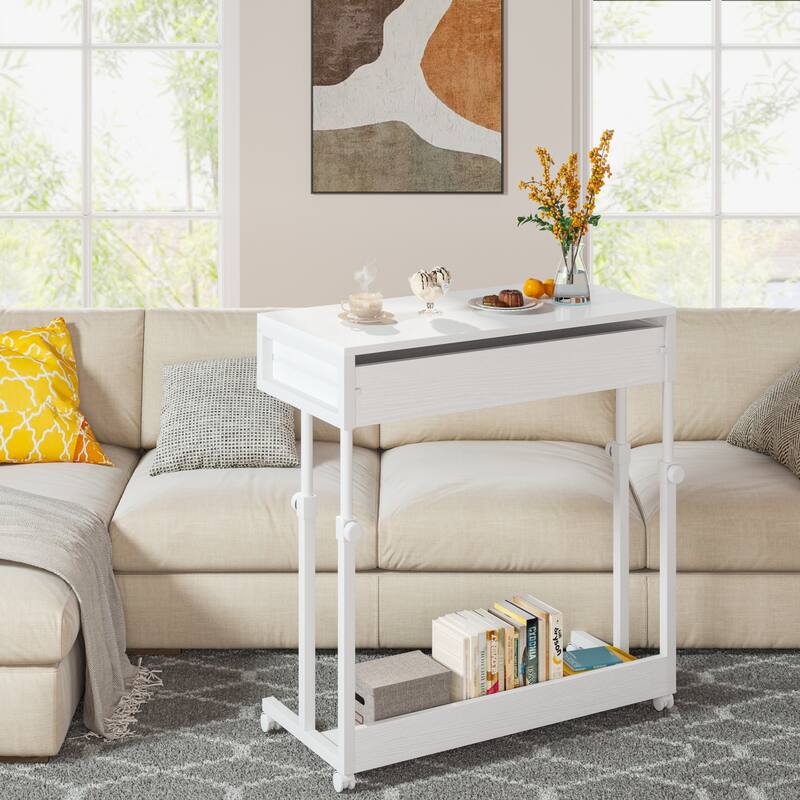Portable Mobile Laptop Desk with Drawers, Rolling Standing Sofa Side Table for Home Office - White