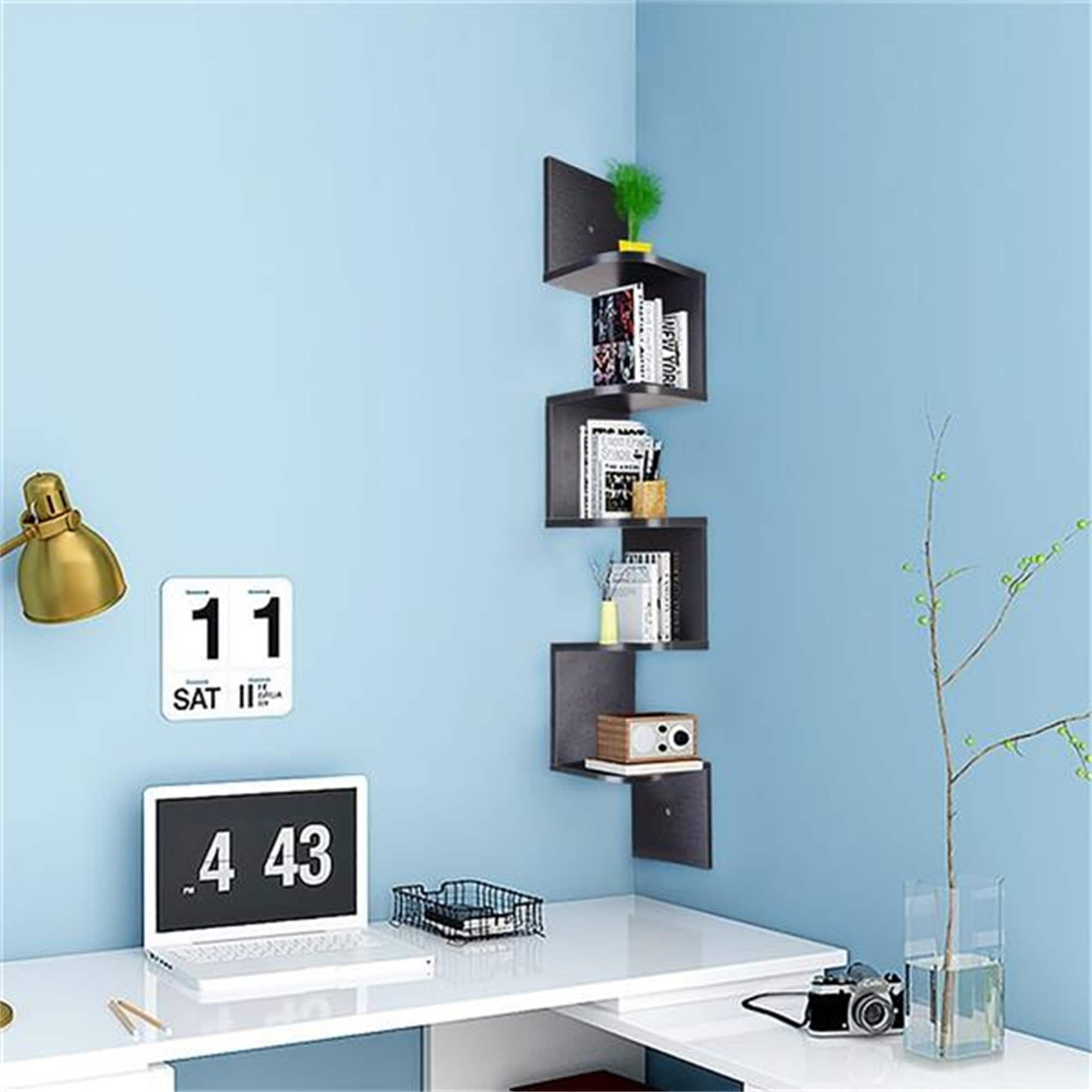Wood Corner 5 Tiers Wall Shelf Zig Zag Wooden Shelves Wooden Mount Rack Home Furniture Black Chic Floating Wall Mount Molding Ledge Shelves