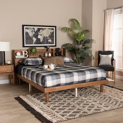 Harper Mid-Century Modern Transitional Walnut Brown Finished Wood Full Size Platform Bed with Charging Station