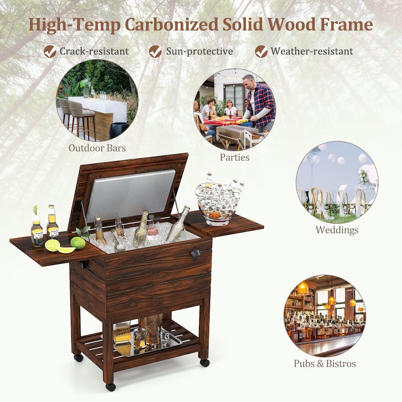 Gymax 54 Quart Rolling Wooden Patio Cooler Cart w/ 2 Drop Leaf Tables