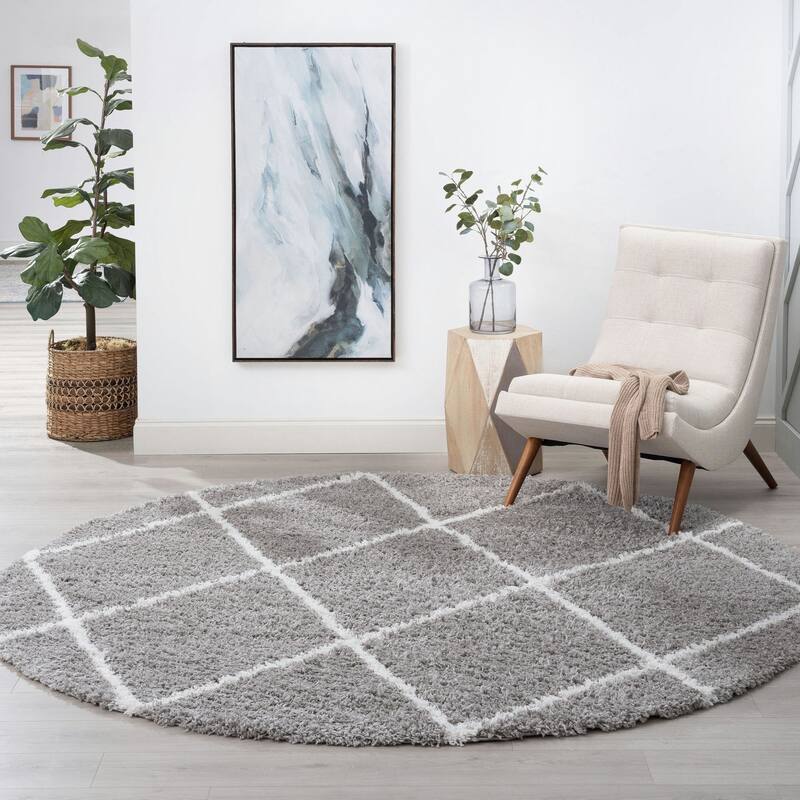 Joy Shag Moroccan Stripe Indoor Area Rug - 7'10'' Round - Silver