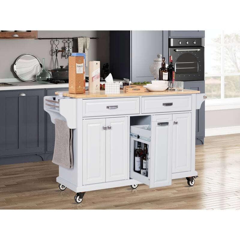 Rubberwood Top Kitchen Island with Adjustable Shelf & 2 Drawers, Kitchen Storage Cart on 5 Wheels with Spice Rack & Towel Bar