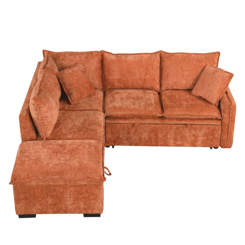 Convertible Sleeper Sofa Bed with Storage Ottoman, L-Shaped Sectional Sofa with 2 Pillows, 2 Power Sockets & 2 USB Ports