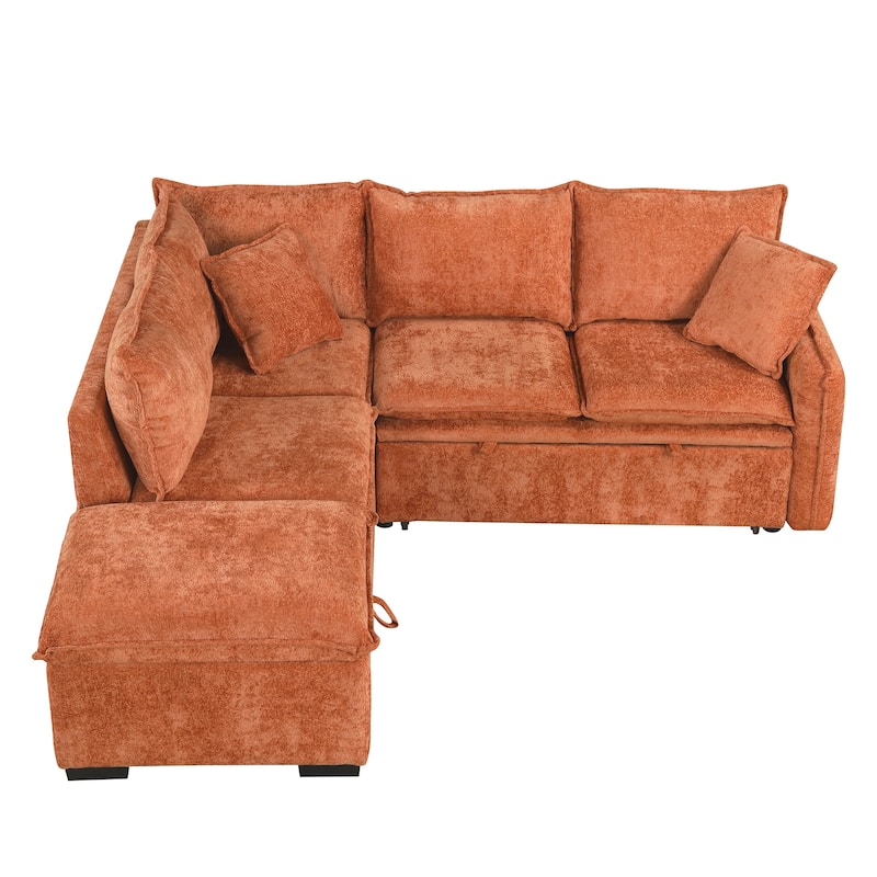 Convertible Sofa Bed Sectional Sofa Sleeper L-shaped Sofa，Ottoman,Two Pillows, Power Sockets and USB , Orange