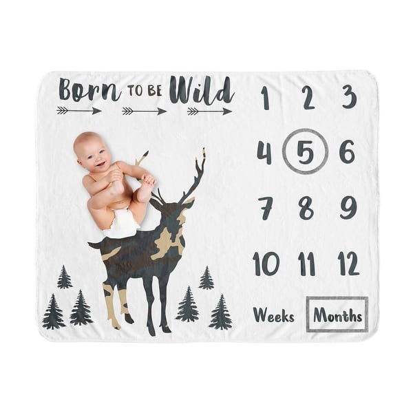 slide 2 of 6, Woodland Camo Deer Collection Boy Baby Monthly Milestone Blanket - Beige Green Black Rustic Forest Animal Camoflauge Arrows Wild