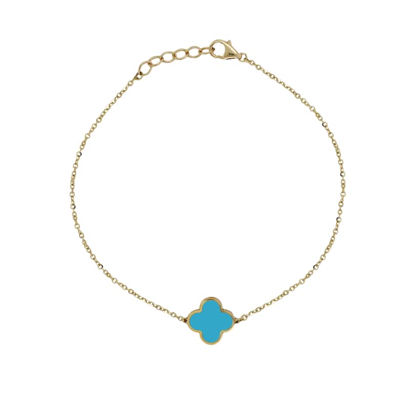 Italian Gold 14K Yellow Gold Single Clover Bracelet - Made in Italy 15mm Clover Size 1.40 grams - Turquoise