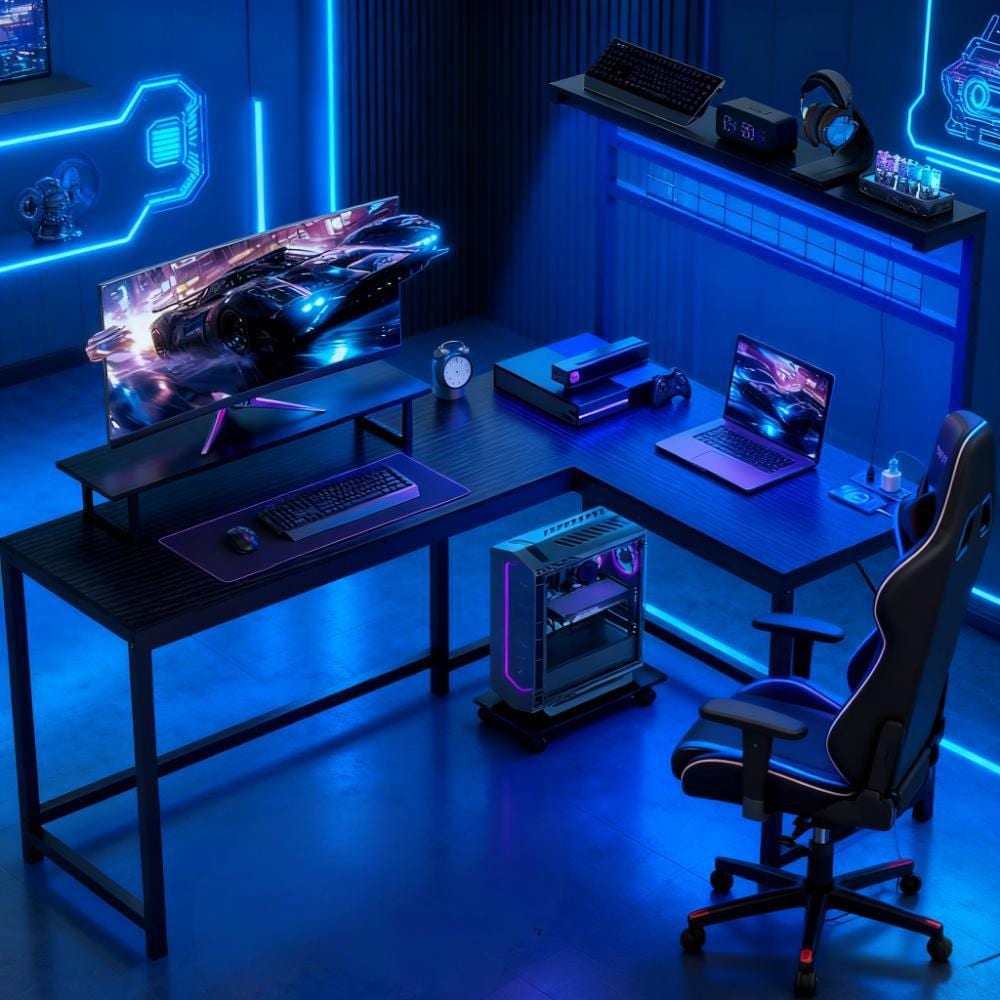 Gaming Desk with Monitor Stand and CPU Shelf,L Shaped Gaming Desk with Power Outlets & LED Lights
