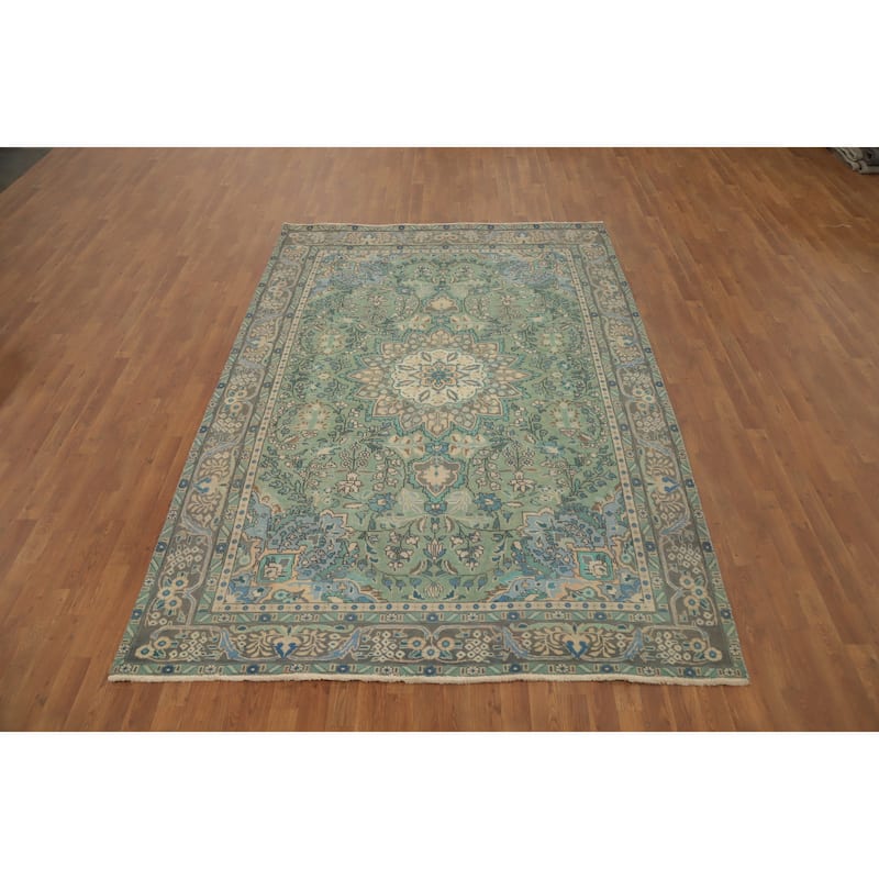 Hand Knotted Oriental 100% Wool Carpet Traditional Floral Green Tabriz Area Rug - 9' 8'' X 6' 7''
