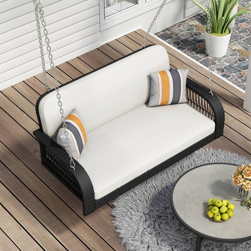 All-Weather PE Wicker Porch Swing with Cushions and Chains, 2-Person Hanging Bench for Backyard, Garden, Patio or Poolside Use
