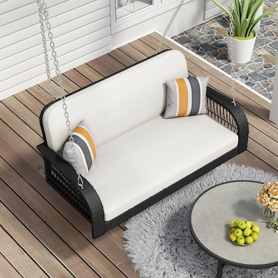 Roomfitters PE Wicker Porch Swing, 2-Seater Hanging Bench With Chains, Patio Furniture Swing For Backyard Garden Poolside