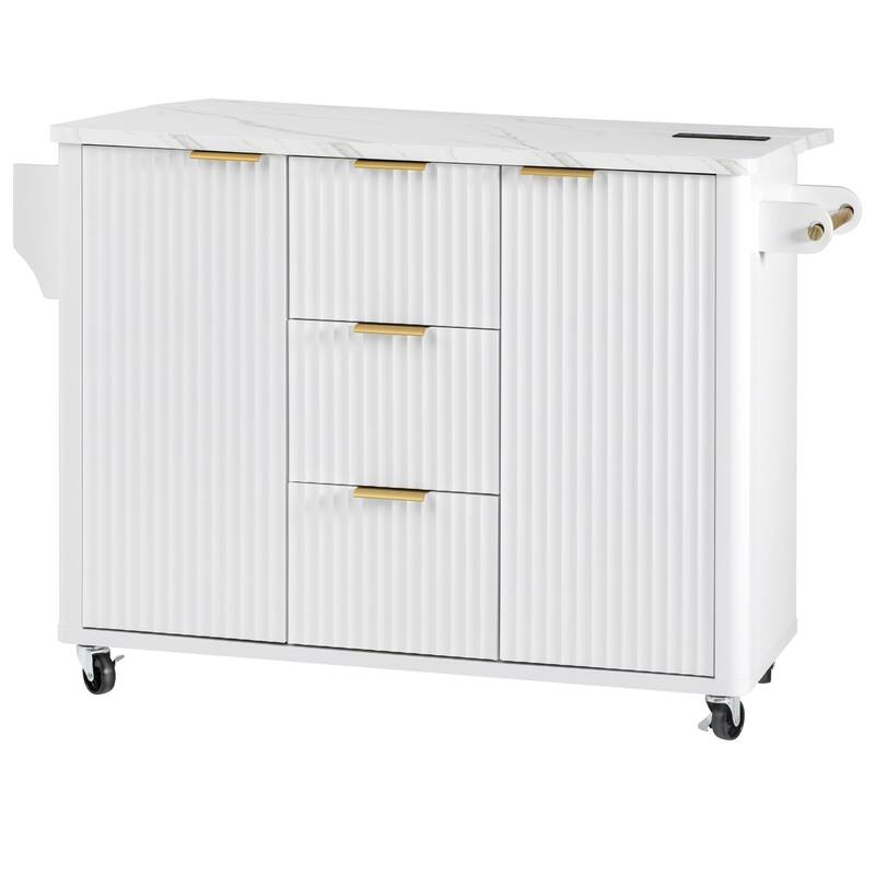 55.5" Storage Power Outlet Kitchen Island with Drop Leaf and 3 Drawers
