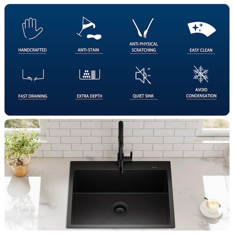 25 inch Drop-in Single Bowl Kitchen Sink, 18 Gauge Stainless Steel Kitchen Sink, Handmade Topmount Sink