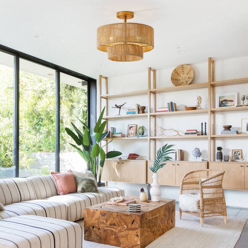 3-Light Coastal Jute Semi-Flush Mount Ceiling Light