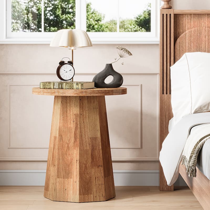 Round End Table, Wooden Couch Side Table, Nightstand Accent Furniture for Living Room, Bedroom