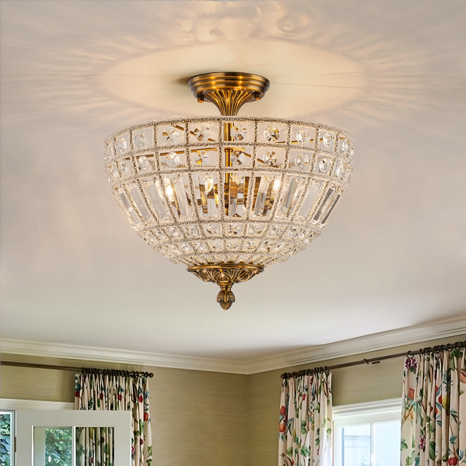 Retro French 3-Light Antique Brass Crystal Flush Mount Ceiling Light