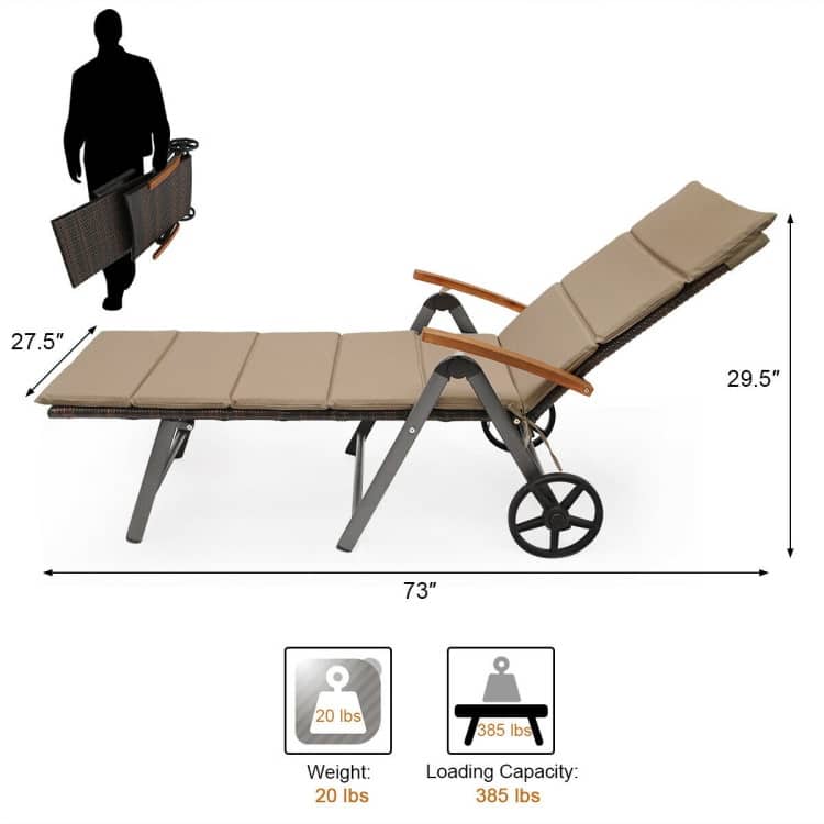 Premium Outdoor Rattan Chaise Lounge Recliner Chair for Relaxation - 56.5"~ 73" x 27.5" x 29.5"~44" (LX WX H)