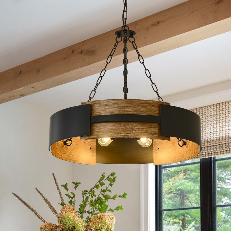 Farmhouse Drum Chandelier Wood Grain Rustic Industrial Round Metal Pendant Light