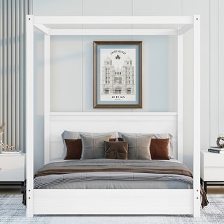 Modern Canopy Platform Bed with Headboard - Solid Pine Construction