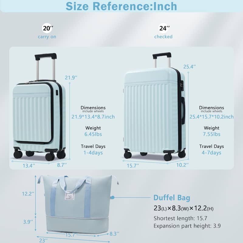 Front Opening Luggage Set 3 Piece,USB Port, Expandable Luggage with Handle Bag Spinner Wheels TSA Lock