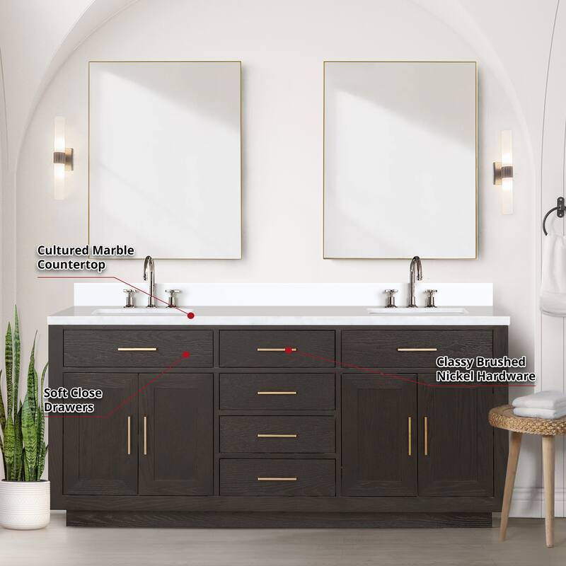 Abbey 60 in W x 22 in D Black Oak Double Bath Vanity, Cultured Marble Top, Faucet Set, and 28 in Mirrors