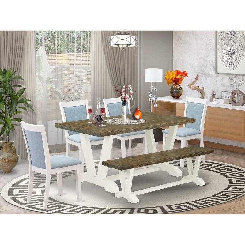 HomeStock 6-Piece Rectangle Wire Brushed Linen White Finish Solid Wood Top Dining Table with 1-Bench, 4-Chairs