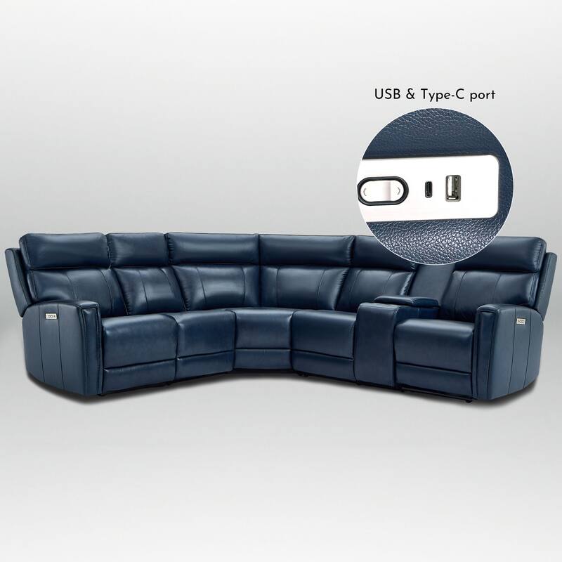 116" W L-Shaped Genuine Leather Power Reclining Sectional Sofa with Console, Ajustable Headrest, USB PortS, 1 Power Armlesschair
