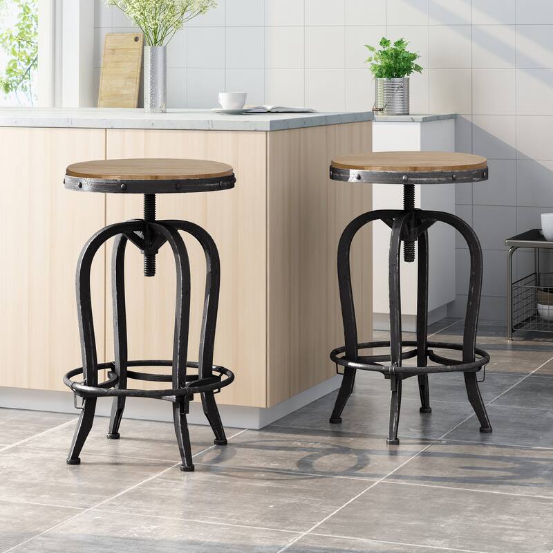Farmdale Industrial Firwood Adjustable Height Swivel Barstools (Set of 2) by Christopher Knight Home - Natural + Pewter