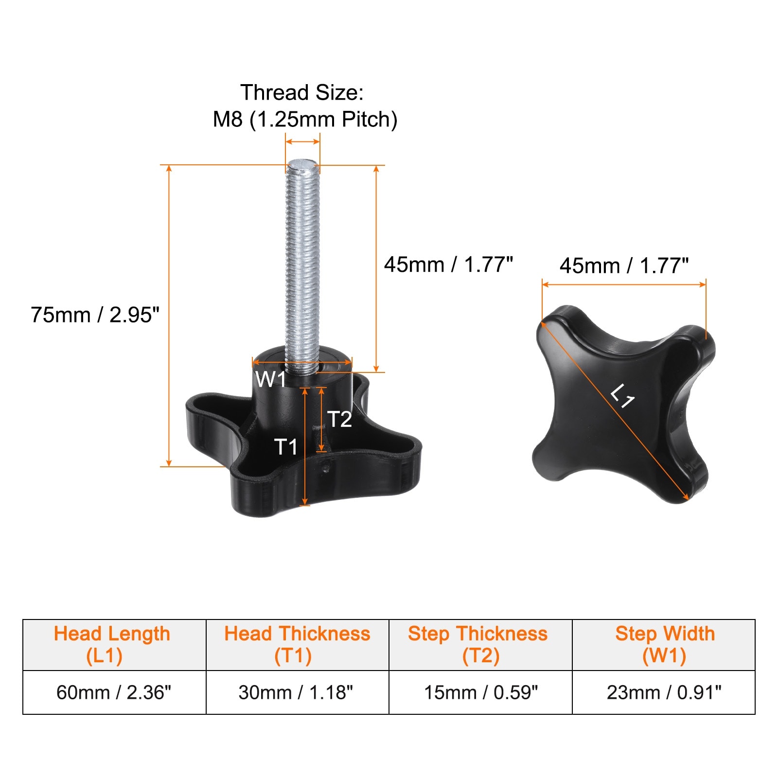 Star Knobs Male Thread Plastic Star Stud Knob Hand Tightening Screw Replacement Threaded Handle - Black