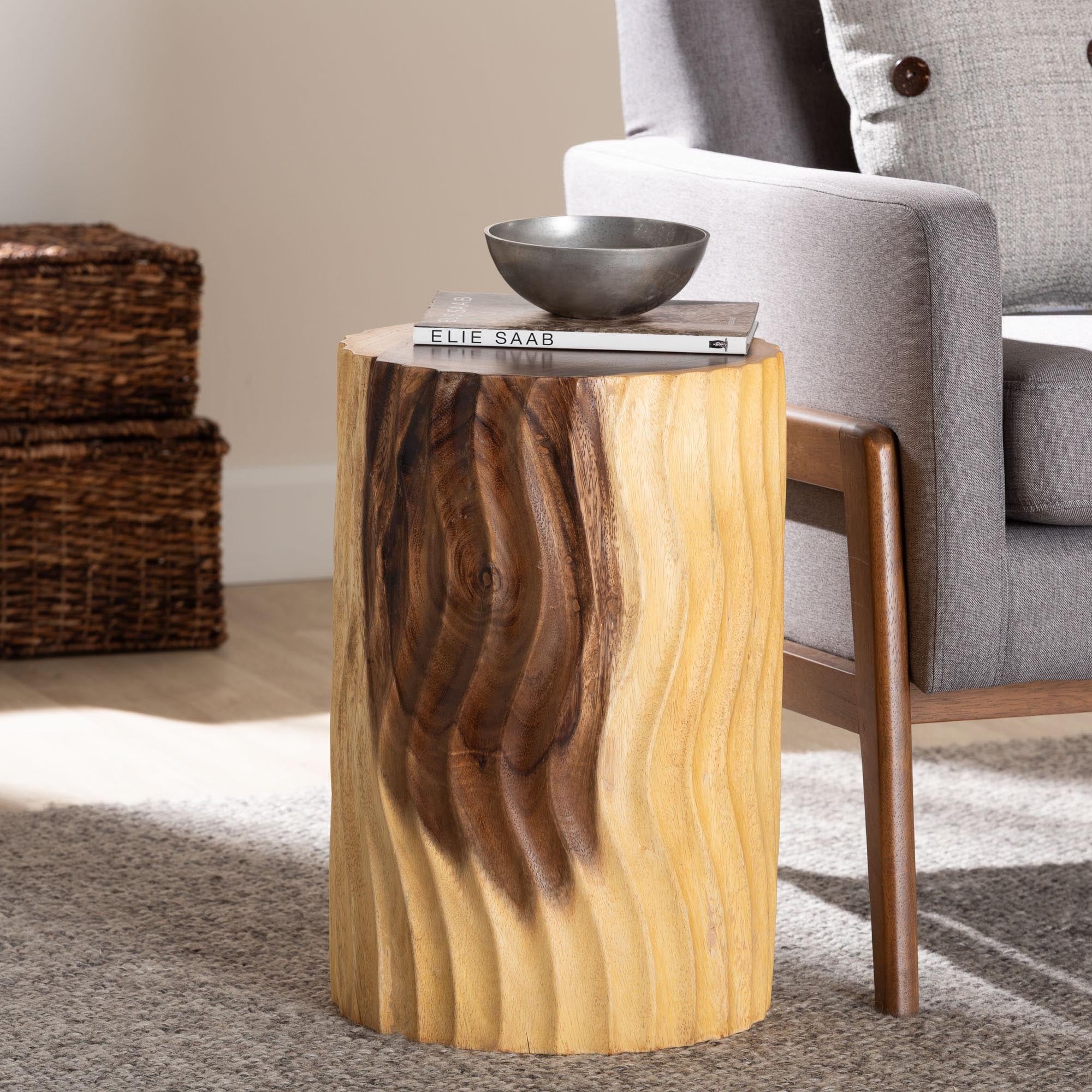 Fuchsia Hand-carved Suar Wood Side Table - Sculptural Accent Table