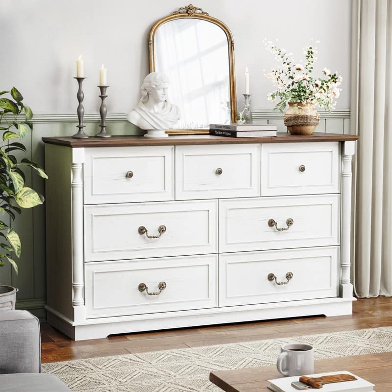 7-Drawer White Modern Dresser, 52" White Wooden Storage Dresser for Bedroom