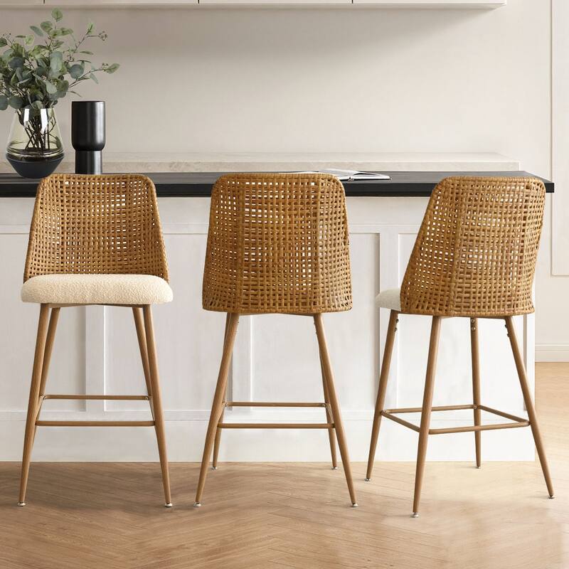 27" Upholstered Boucle Rattan Counter Stool (Set of 6)