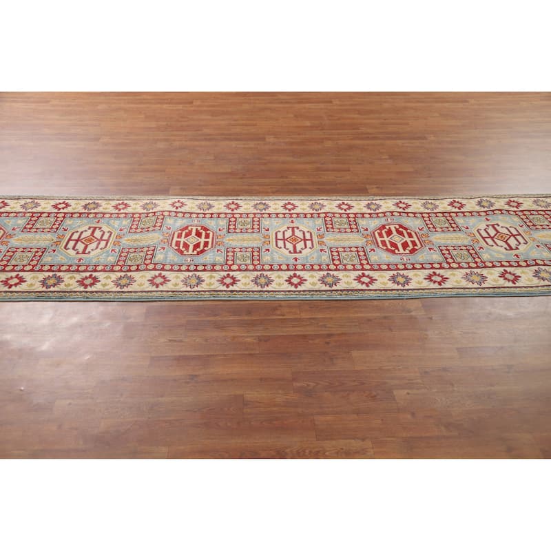 Geometric Blue Kazak Oriental Runner Rug Handmade Wool Carpet - 2'6" x 13'1"