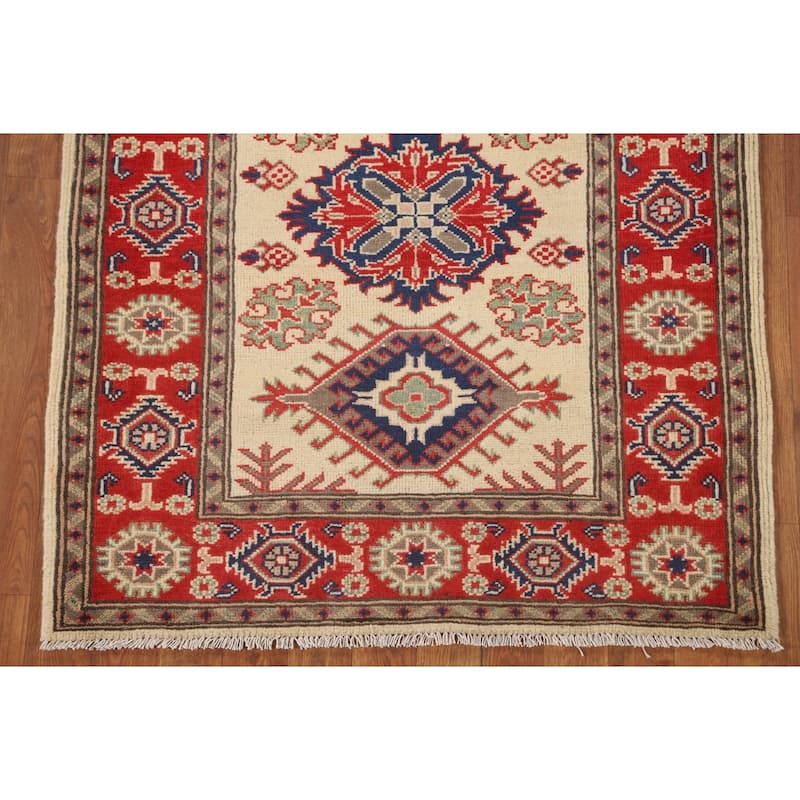 Geometric Kazak Accent Rug Hand-Knotted Beige Wool Carpet - 3'2" x 4'1"