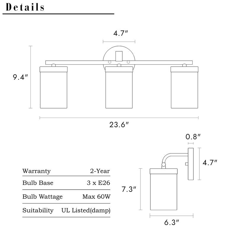 3-Light Modern Bathroom Vanity Light Black Brushed Brass Wall Sconce with Clear Glass Shades for Mirror