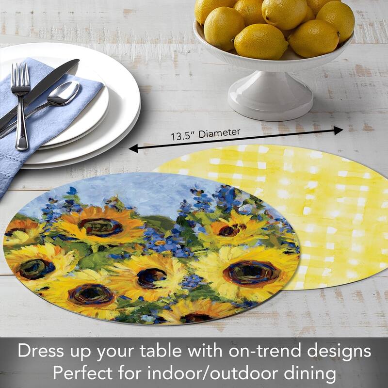 Sunflower Gallery 4 Pack Round Reversible Easy Care Flexible Plastic Placemats Made in The USA Reversible Flexible, Wipes Clean