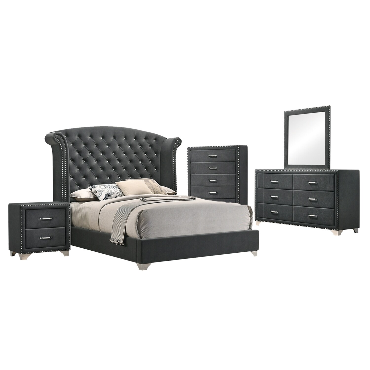 Upholstered Queen Bedroom Set In Grey And Chrome