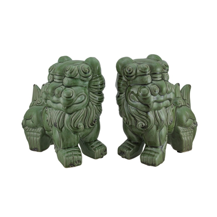 Shop Set Of 2 Green Ceramic Vintage Finish Foo Dog Statues 12 X