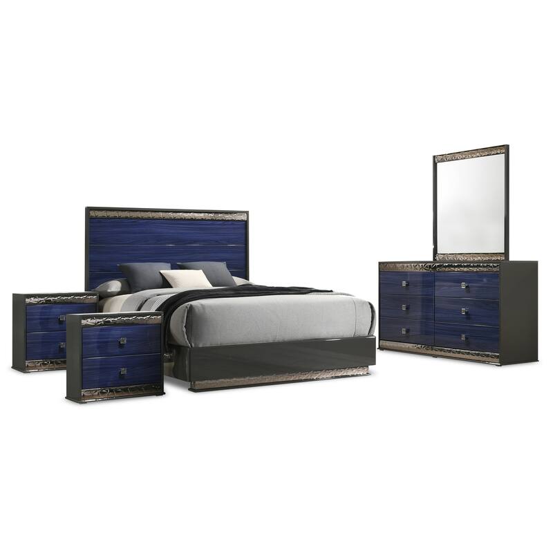 Furniture of America Luzen Glam 5-Piece Two-Tone Blue Wood Queen Platform Bedroom Set