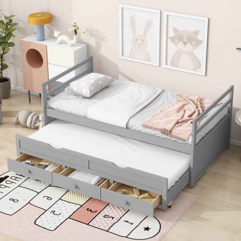 Twin Size Bed Frame with Trundle, Storage Drawers, Headboard and Footboard, Space-Saving Pine Wood Design for Small Bedrooms